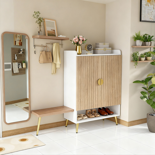 Emootto 7-Tier Shoe Cabinet with Vertical Slatted Doors, 24-Pair Modern Entryway Storage Organizer with Gold Tapered Legs & Open Shelf, White & Natural