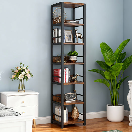 Emootto 75" Tall Narrow Bookshelf, 6-Tier Skinny Corner Shelf with Side Fences, Slim Square Storage Tower & Display Stand for Small Spaces, Rustic Brown