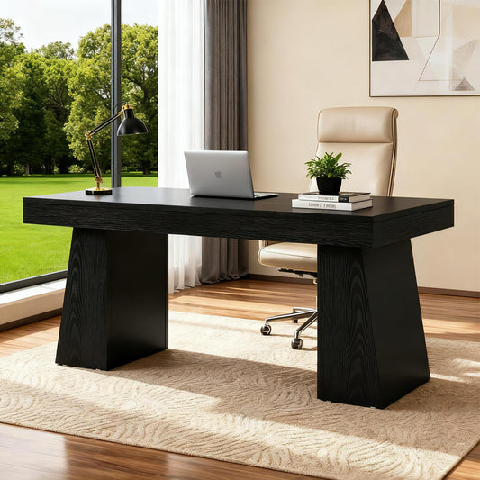 Emootto 55" Executive Desk, Modern Mid-Century Home Office Desk with Double Trapezoid Base, 3.94" Thickened Computer Desk & Conference Table, Black Oak Finish