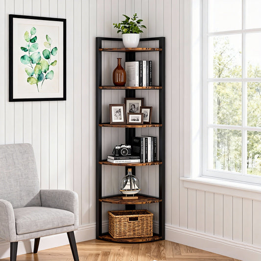 Emootto 6-Tier Industrial Corner Shelf, 71" Tall Rustic Corner Bookshelf with Sturdy Metal Frame, Narrow Space-Saving Display Rack for Living Room, Plant Stand for Small Spaces, Brown