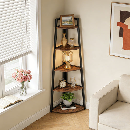 Emootto 70" Tall Industrial Corner Ladder Shelf, 5-Tier Rustic Corner Bookshelf with A-Shaped Metal Frame, Freestanding Plant Stand & Storage Rack for Living Room, Home Office, Brown