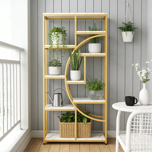 Emootto 69" Modern Luxury Half-Moon Bookshelf, 5-Tier Gold Etagere Bookcase with 9 White Marble Shelves, Elegant Display Rack & Room Divider for Living Room, Home Office
