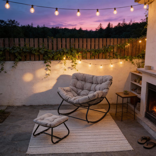 Emootto Outdoor Egg Rocking Chair with Ottoman, Oversized Papasan Lounge Chair with 5" Thick Cushion, All-Weather Wicker Rocker for Patio & Living Room, Light Grey