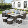 7-Piece Outdoor Rattan Sectional Dining Set, 9-Seat All-Weather Wicker Sofa