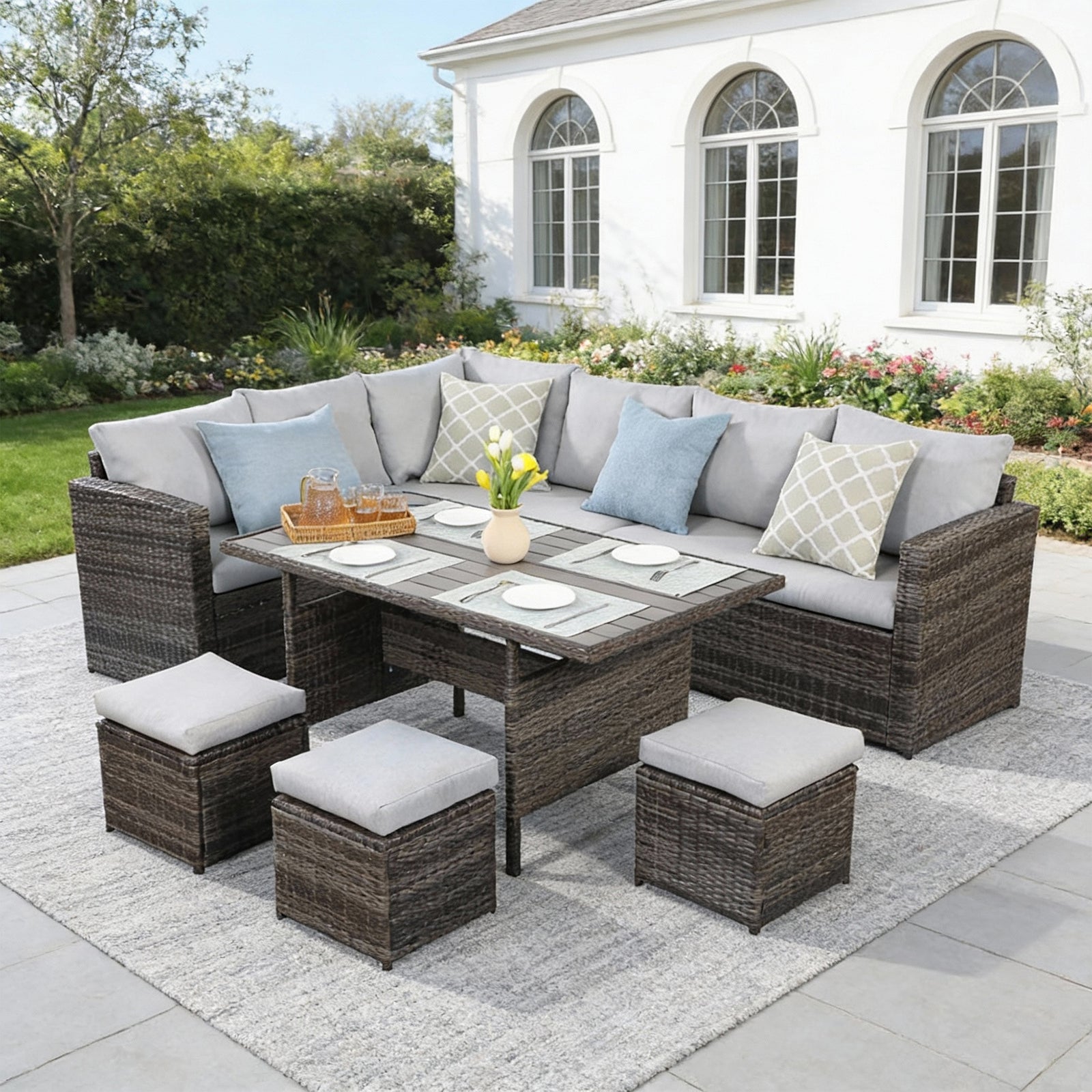 7-Piece Outdoor Rattan Sectional Dining Set, 9-Seat All-Weather Wicker Sofa