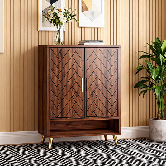 Emootto Mid-Century Modern 6-Tier Shoe Cabinet with Herringbone Carved Doors, 24-Pair Entryway Storage Organizer with Open Bottom Shelf & Gold Legs, Walnut