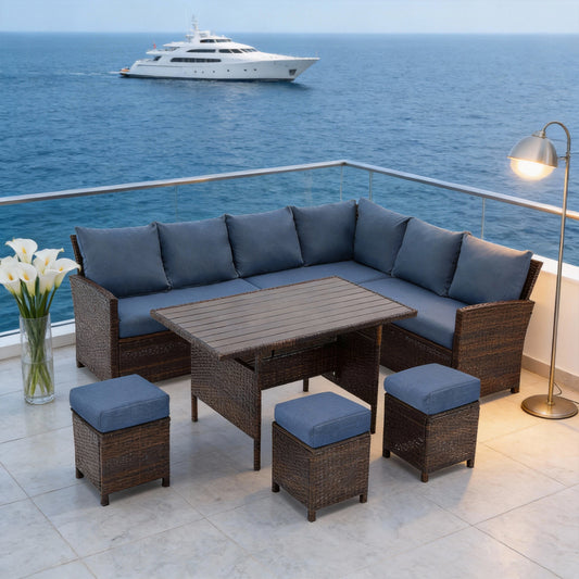 Emootto 7-Piece Outdoor Rattan Sectional Dining Set - 9-Seat All-Weather Wicker Sofa with 3 Ottomans and WPC Dining Table, Brown with Denim Blue Cushions