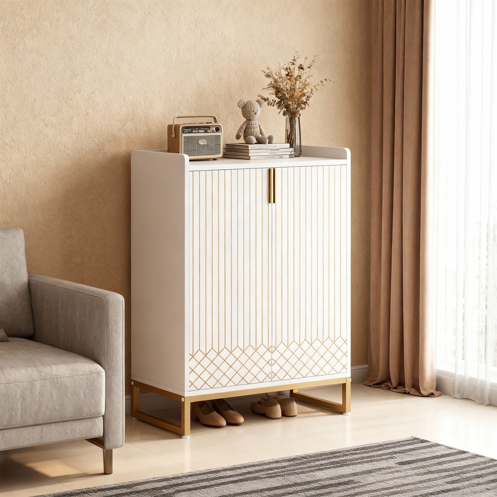 EMOOTTOO 41" Luxury White & Gold Shoe Storage Cabinet