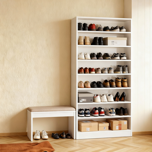 Emootto 9-Tier Tall Shoe Rack, 40-45 Pairs Large Wood Shoe Storage Cabinet with Adjustable & Removable Shelves, Freestanding Open Shoe Organizer for Entryway & Closet, White
