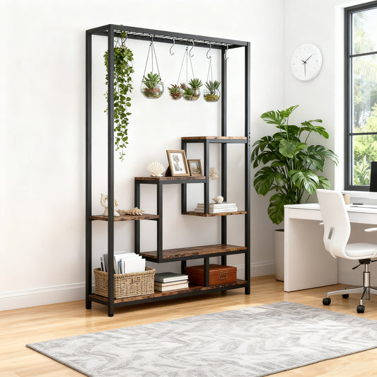 Emootto 71" Tall Indoor Plant Stand, 5-Tier Large Metal Plant Shelf with 6 Hanging Hooks, Industrial Multi-Potted Display Rack for Living Room, Balcony & Patio, Rustic Brown