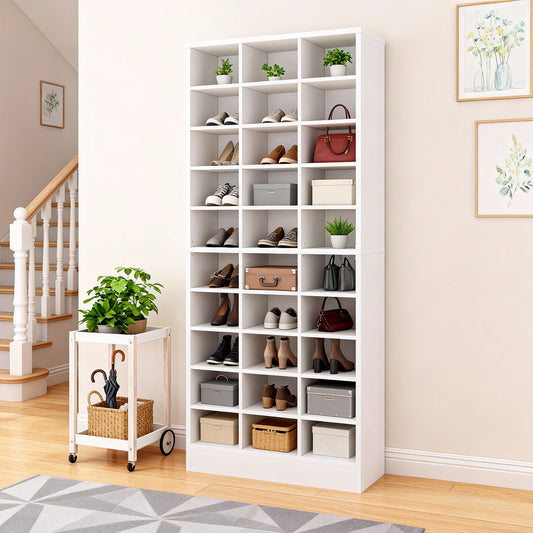 Emootto 10-Tier Tall Shoe Cabinet with 30 Cubbies, Open Wooden Shoe Rack Organizer for 30 Pairs, Space-Saving Freestanding Shoe Storage for Entryway & Closet, White