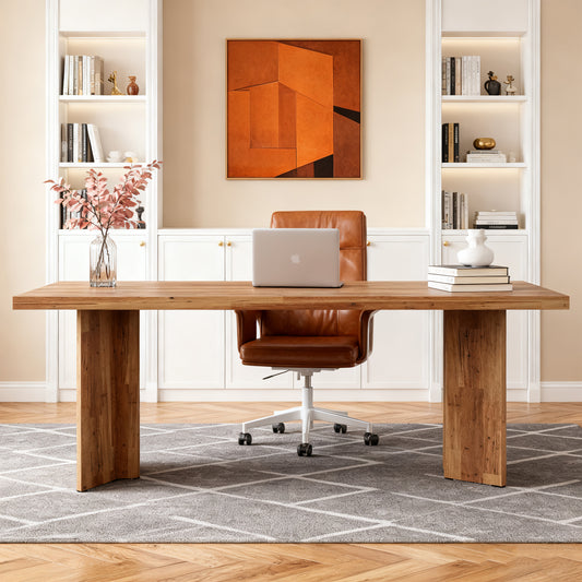 Emootto 63" Executive Desk with L-Shaped Pedestal Base, Modern Farmhouse Computer Desk, 1.57" Thickened Tabletop Large Workstation & Conference Table, Walnut Brown