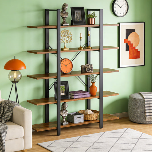 70" Tall Industrial 5-Tier Bookshelf, Wide Etagere Bookcase with Rustic Brown Wood Grain, Heavy-Duty Metal Frame Storage