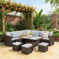 7-Piece Outdoor Rattan Sectional Dining Set, 9-Seat All-Weather Wicker Sofa