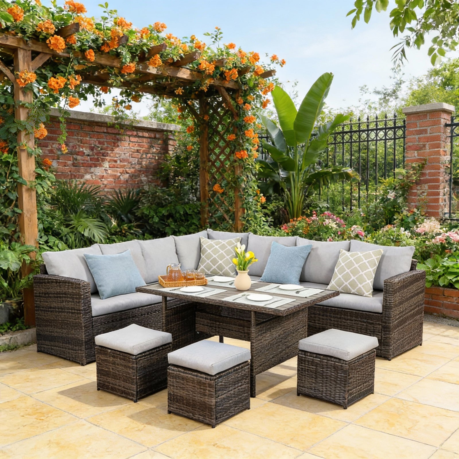 7-Piece Outdoor Rattan Sectional Dining Set, 9-Seat All-Weather Wicker Sofa