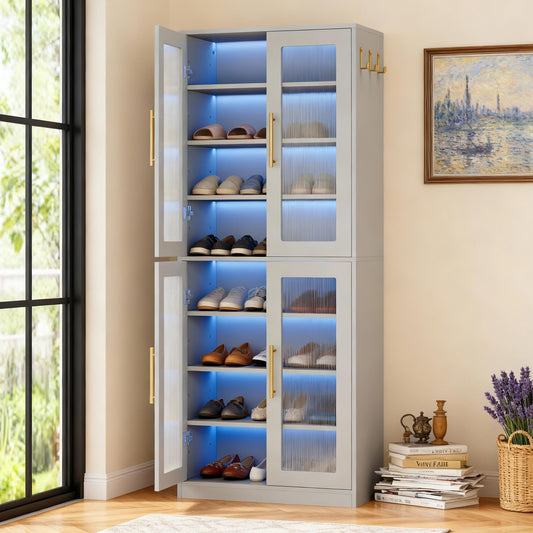 Emoottoo 67" Tall Modern Gray Bookcase with Fluted Acrylic Doors & LED Lights, 8-Tier Adjustable Storage Cabinet with Side Hooks, Sleek Freestanding Display Case for Office, Living Room & Kitchen