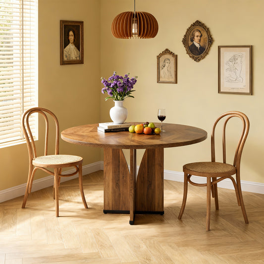 Emootto 39.37" Round Dining Table for 4, Mid-Century Modern Kitchen Table with Herringbone Wood Grain, Pedestal Base Dinner Table for Small Spaces, Walnut Brown