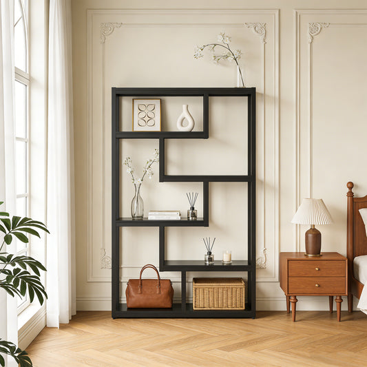 Emootto 69" Tall Modern Staggered Bookshelf, 6-Tier Etagere Bookcase with Asymmetrical Open Shelves, Large All-Black Display Rack & Room Divider for Home Office
