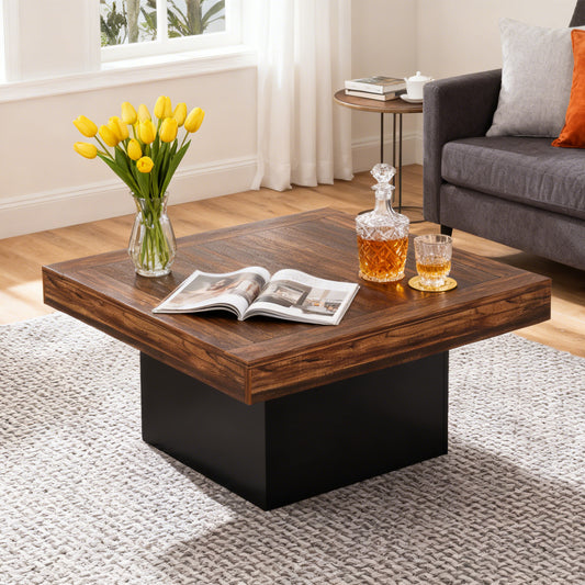 Emoottoo Coffee Table Square LED Coffee Table Engineered Wood Low Center Cocktail Tables for Living Room (Rustic Brown+Black)