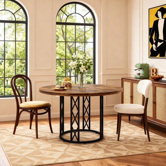 Emootto 47" Round Dining Table for 4-6, Modern Kitchen Table with Walnut Wood Grain & Unique Metal Circle Base, Large Industrial Dinner Table for Small Spaces