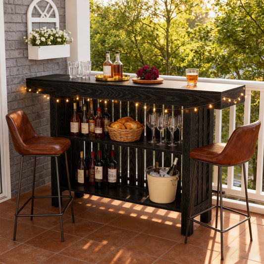 Emootto 63" Modern Black Home Bar Unit - High Pub Table with 3.94" Extra Thick Top & 2-Tier Storage, Sleek Bar Cabinet with Footrest for Home & Bistro