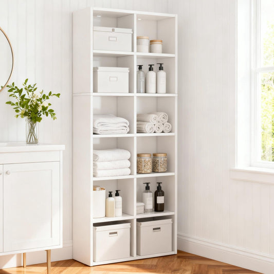 Emoottoo 72" Tall Narrow 12-Cube Bookcase, Modern White 6-Tier Vertical or Horizontal Storage Shelf, Space-Saving Display Organizer for Home Office, Living Room & Classroom