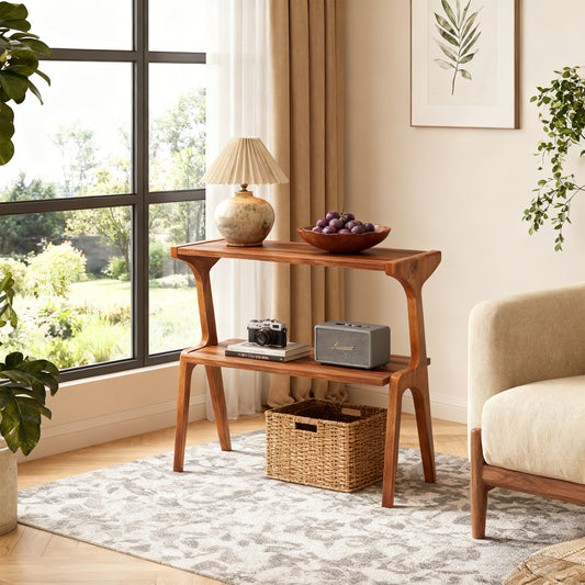 Emoottoo Solid Wood End Table, Modern Side Table for Couch, 2-Tier Narrow Tall End Table, Long Bedside Table for Living Room, Bedroom, Walnut