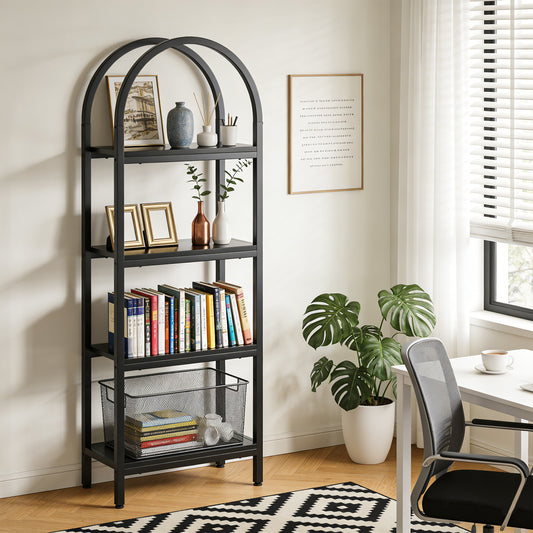 Emoottoo 71" Tall 4-Tier Arch Top Modern Bookshelf, Sleek All-Black Industrial Wood & Metal Display Rack, Compact Freestanding Storage Shelving Unit for Bedroom & Home Office