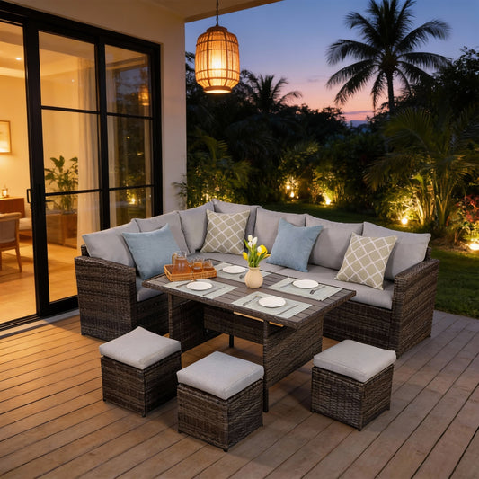 Emootto 7-Piece Outdoor Rattan Sectional Dining Set - 9-Seat All-Weather Wicker Sofa with 3 Ottomans and WPC Dining Table, Brown with Classic Gray Cushions