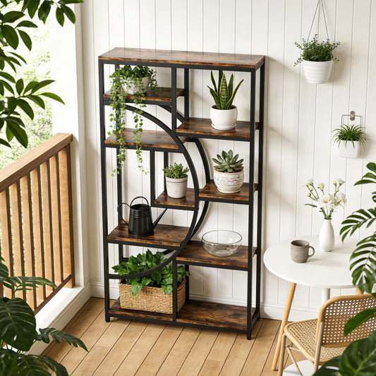 Emootto 69" Industrial Half-Moon Bookshelf, 5-Tier Etagere Bookcase with 9 Open Shelves, Large Freestanding Display Rack & Room Divider for Living Room, Home Office, Rustic Brown