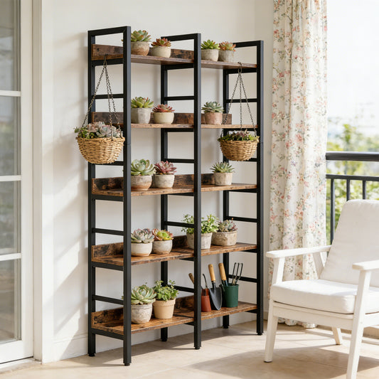 Emootto 71" Tall Double Wide Bookshelf, 5-Tier Industrial Etagere Bookcase with Protective Back Edges, Large Open Storage Shelf with Metal Frame for Living Room & Office, Rustic Brown