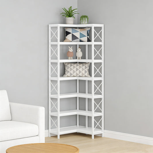 Emoottoo 79" Tall 7-Tier Modern White Corner Bookshelf, Large 14-Shelf L-Shaped Corner Bookcase with X-Bar Reinforcement, Industrial Display Rack for Bedroom & Home Office