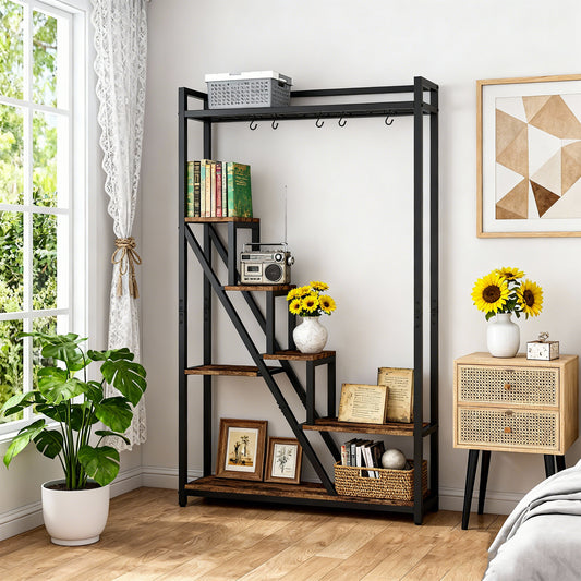 Emootto 71" Tall Indoor Plant Stand, 7-Tier Large Ladder Plant Shelf with 5 Hanging Hooks, Industrial Multi-Potted Display Rack for Living Room, Balcony & Patio, Rustic Brown