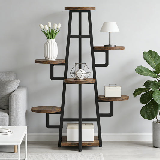 Emootto 43" Tall Industrial Plant Stand Indoor, 7-Tier Tiered Plant Shelf for Multiple Plants, Rustic Brown Wood & Metal Flower Pot Holder for Living Room, Balcony & Patio