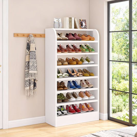 Emootto 8-Tier Tall Shoe Rack, Open Wooden Shoe Shelf Storage Organizer, Space-Saving Vertical Shoe Stand for Entryway, Closet & Bedroom, White