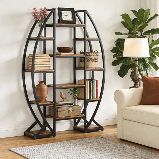 Emoottoo 69" Tall Triple-Wide Oval Etagere Bookcase, 5-Tier Industrial Display Shelf with 12 Open Storage Zones, Large Rustic Brown Wood & Metal Frame Bookshelf for Living Room