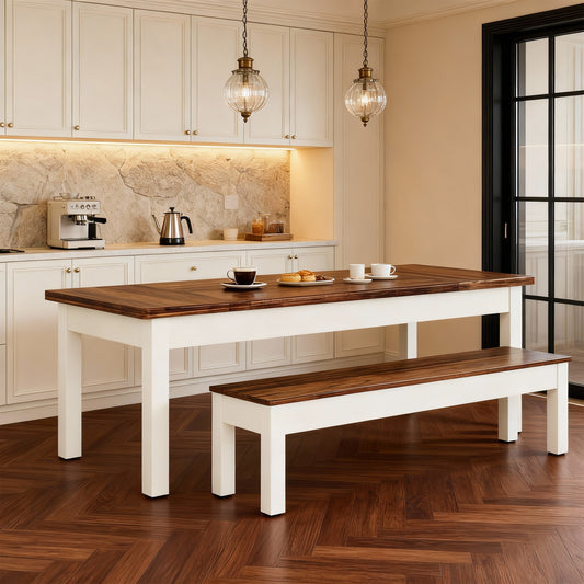 Emootto 55" Space-Saving Dining Table Set with 2 Benches, 3-Piece Modern Farmhouse Kitchen Set for 4-6, Rustic Brown & White Dining Furniture for Small Spaces