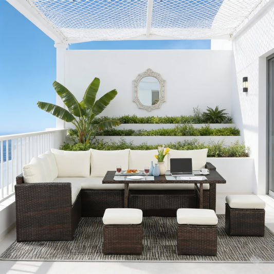 Emootto 7-Piece Outdoor Rattan Sectional Dining Set - 9-Seat All-Weather Wicker Sofa with 3 Ottomans and WPC Dining Table, Brown with Elegant Beige Cushions