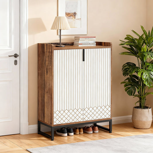 Emootto 41" Modern Industrial Shoe Storage Cabinet, 5-Tier Entryway Organizer with Geometric Patterned Doors and Black Metal Sled Base