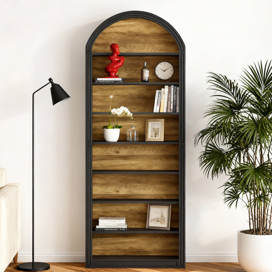 Emootto 80" Tall Arched Bookshelf, 8-Tier Modern Open Display Shelf with Wood Grain Backboard, Industrial Arched Bookcase for Living Room, Home Office, Black & Natural