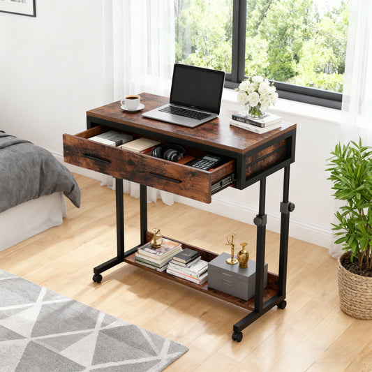 Emoottoo Portable Desk with Drawers, Mobile Laptop Desk with Wheels, Sofa Side Table Small Portable Standing Rolling Table for Home Office