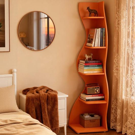 Emootto 70" Tall Wavy Corner Shelf, Modern 5-Tier Curvy Bookshelf in Vibrant Orange, Unique Aesthetic Display Rack & Plant Stand for Living Room, Creative Small Spaces