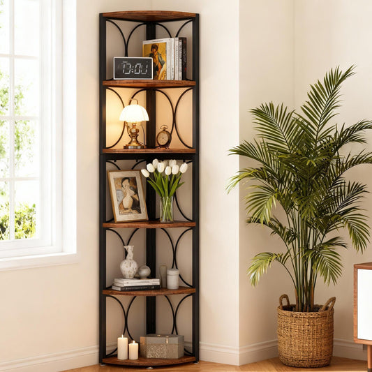 Emootto 67" Tall Corner Bookshelf, 6-Tier Industrial Corner Shelf with Circular Mesh Guardrails, Rustic Storage Rack & Display Stand for Living Room, Home Office, Brown