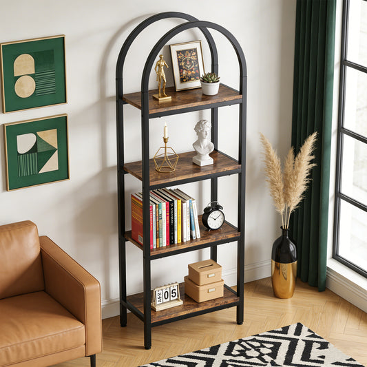 Emoottoo 71" Tall 4-Tier Arch Top Industrial Bookshelf (Set of 2), Modern Wood & Metal Display Rack, Freestanding Large Storage Shelving Unit for Home Office & Living Room, Rustic Brown