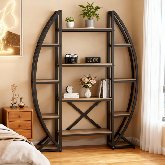 Emoottoo 69" Tall Triple-Wide Oval Etagere Bookcase, 5-Tier Modern Gray Wood Display Shelf with 12 Open Storage Zones, Large Industrial Metal Frame Bookshelf for Living Room & Studio