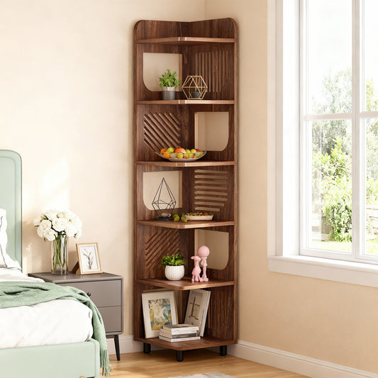 Emootto 72" Tall Corner Shelf, 6-Tier Rustic Narrow Corner Bookshelf with Hollowed-Out Design, 90-Degree Freestanding Display Storage Rack for Living Room & Home Office, Brown