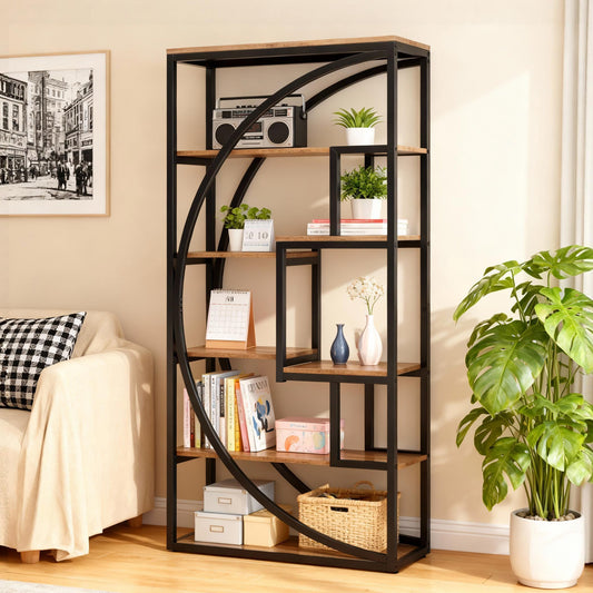 Emootto 71" Tall Industrial Half-Moon Bookshelf, 5-Tier Etagere Bookcase with 8 Open Shelves, Narrow Geometric Display Rack for Home Office & Living Room, Vintage Grey