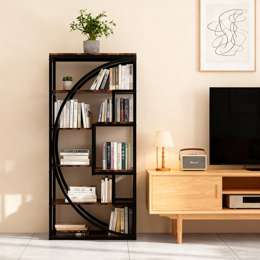 Emootto 71" Tall Industrial Half-Moon Bookshelf, 5-Tier Etagere Bookcase with 8 Open Shelves, Narrow Geometric Display Rack for Living Room & Home Office, Rustic Brown