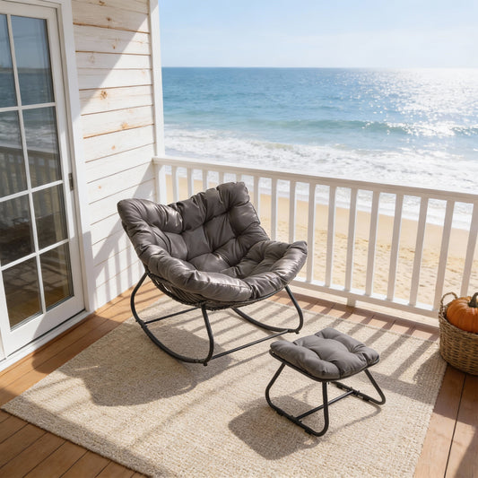 Emootto Outdoor Egg Rocking Chair with Ottoman, Oversized Papasan Lounge Chair with 5" Thick Cushion, All-Weather Wicker Rocker for Patio & Living Room, Dark Grey