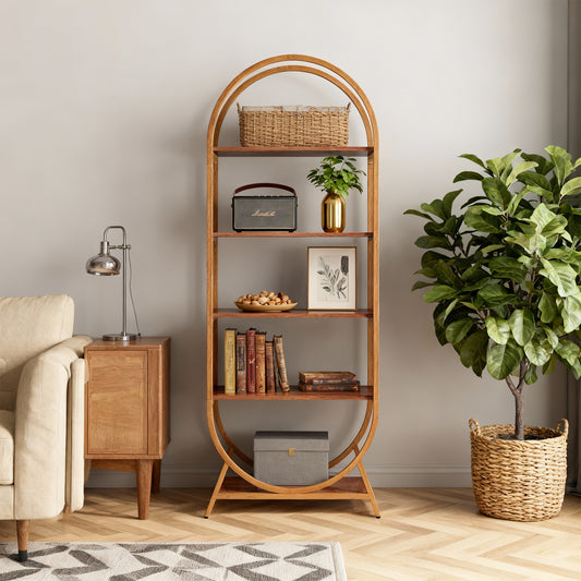 Emoottoo 71" Tall 5-Tier Double Arch Bookshelf, Modern Bright Brown Storage Shelf with Circular Metal Frame, Freestanding Large Display Rack for Living Room & Executive Office